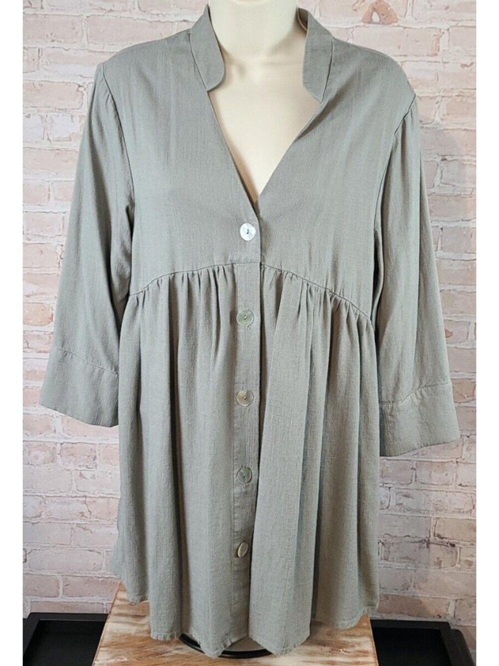 Black Tape Linen Blend Peasant Boho Shirt Button Up V-Neck Blouse Top Women's M